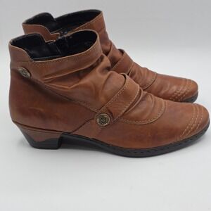 Rieker Ankle Boots Womens 40 Tan Leather Slouch Ruched Antistress Low Block Heel